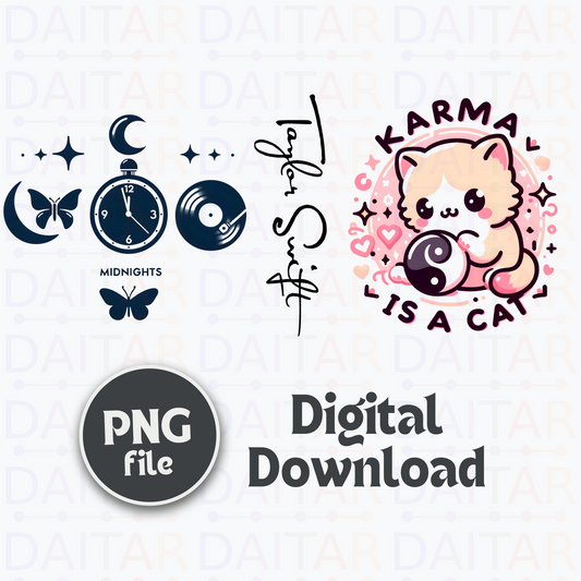 Taylor Swift-Inspired PNG Design Bundle for Custom Merch: Midnights Karma Is a Cat, 4 PNG Files